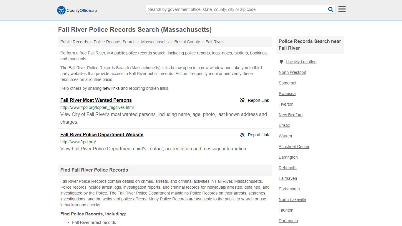 Fall River Police Records Search (Massachusetts) - County Office